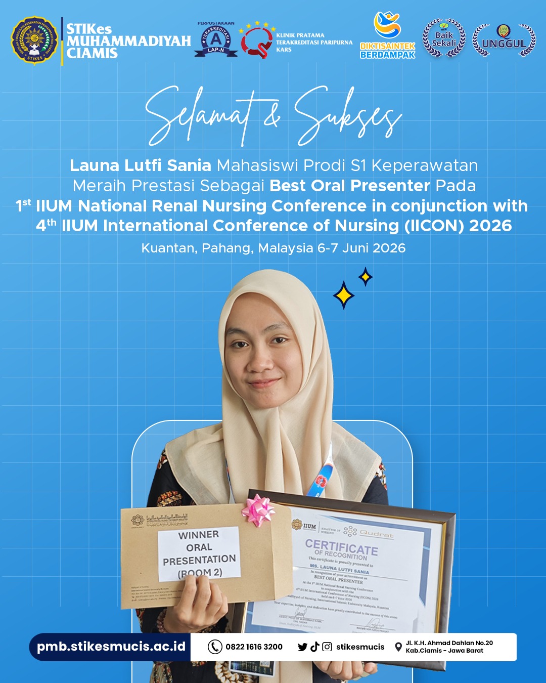 Membanggakan! Mahasiswi S1 Keperawatan STIKes Muhammadiyah Ciamis Raih Predikat "Best Oral Presenter" di Malaysia